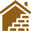 Brown house icon with a sloped roof and a chimney, crafted by expert Custom Home Builders, stands proudly next to an elegant staircase made of bricks.