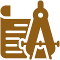 A brown icon illustrating a rolled-up paper and a pair of compasses, symbolizing drafting or architecture, ideal for custom home builders.